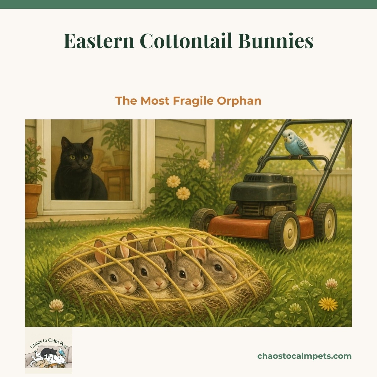 Four pink-and-grey cottontail kits tucked back into a shallow grass-and-fur nest on a lawn with a crisscross of yellow yarn laid over it, a blue budgie perched on the mower handle and a black cat watching through the patio door