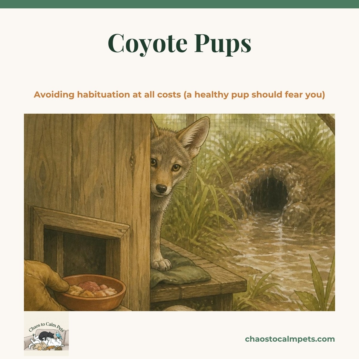 A slate-grey coyote pup with big upright ears and amber eyes peering warily from behind a rough wooden screen while a gloved hand sets a food dish through a hatch without being seen, a storm-flooded den entrance in the background