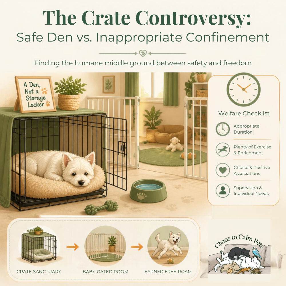 White dog resting contentedly in open crate with welfare checklist and progression stages from crate to free-roam