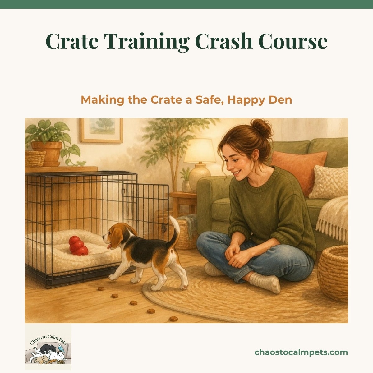 Tiny tri-colour beagle puppy walking into an open wire crate following a trail of treats, a frozen KONG on the fleece bed inside, a woman sitting cross-legged on the floor beside it