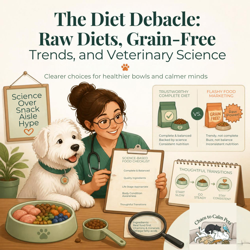 Veterinarian with white fluffy dog reviewing science-based food checklist comparing complete diet vs grain-free marketing hype