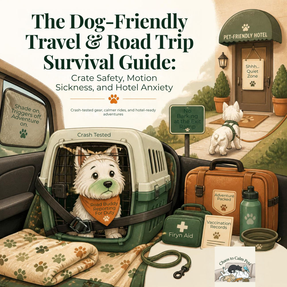 Illustrated Westie in crash-tested crate in car with travel gear, first aid kit, and pet-friendly hotel in background