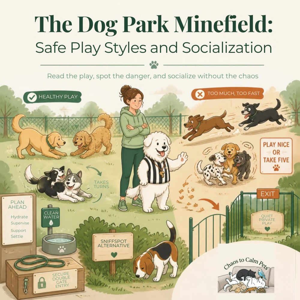 Illustrated infographic showing dog park safety scenarios with healthy play styles, bullying recognition, and curated social alternatives