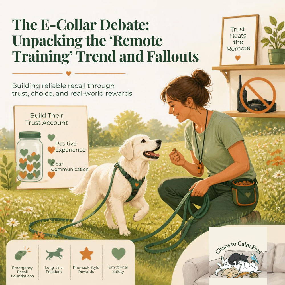 Woman kneeling in meadow rewarding white dog with treat, e-collar crossed out on shelf behind her, Trust Beats the Remote sign visible