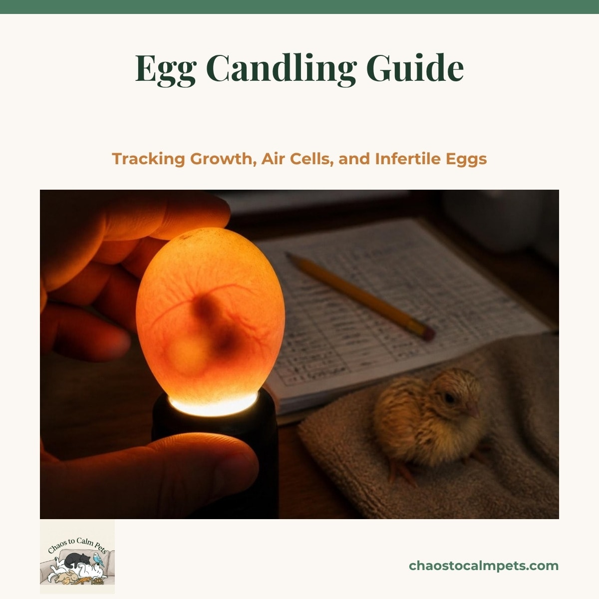 A single cream-colored egg held against a small LED candling light in a dark room, the glow showing a dark embryo and a branching web of red blood vessels inside the shell, with a pencil and a log sheet on the table