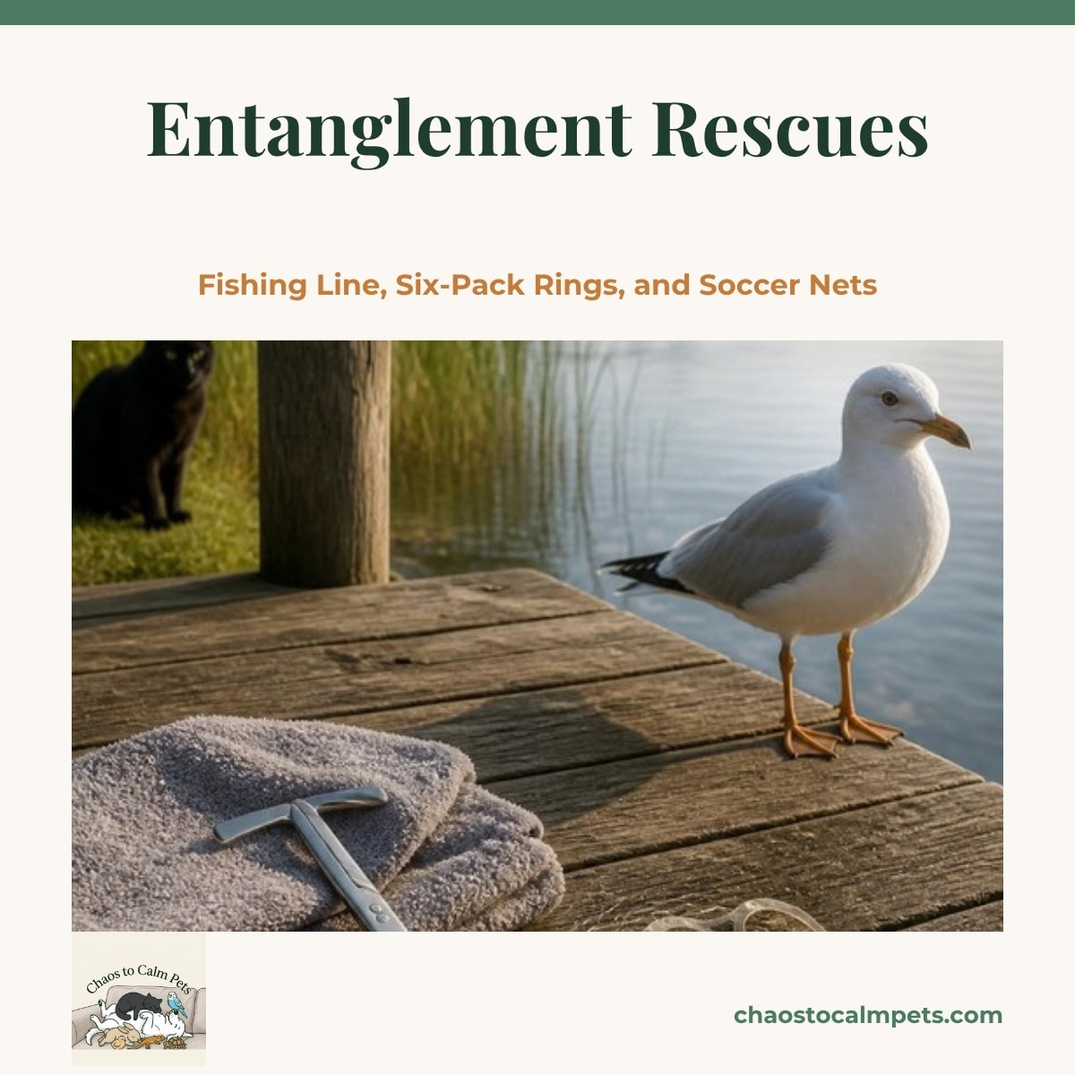 A pair of blunt-tipped bandage scissors and a folded towel on a dock beside a tangle of fishing line and a six-pack ring, a gull standing nearby, a blue budgie on the dock post and a black cat watching from the shore