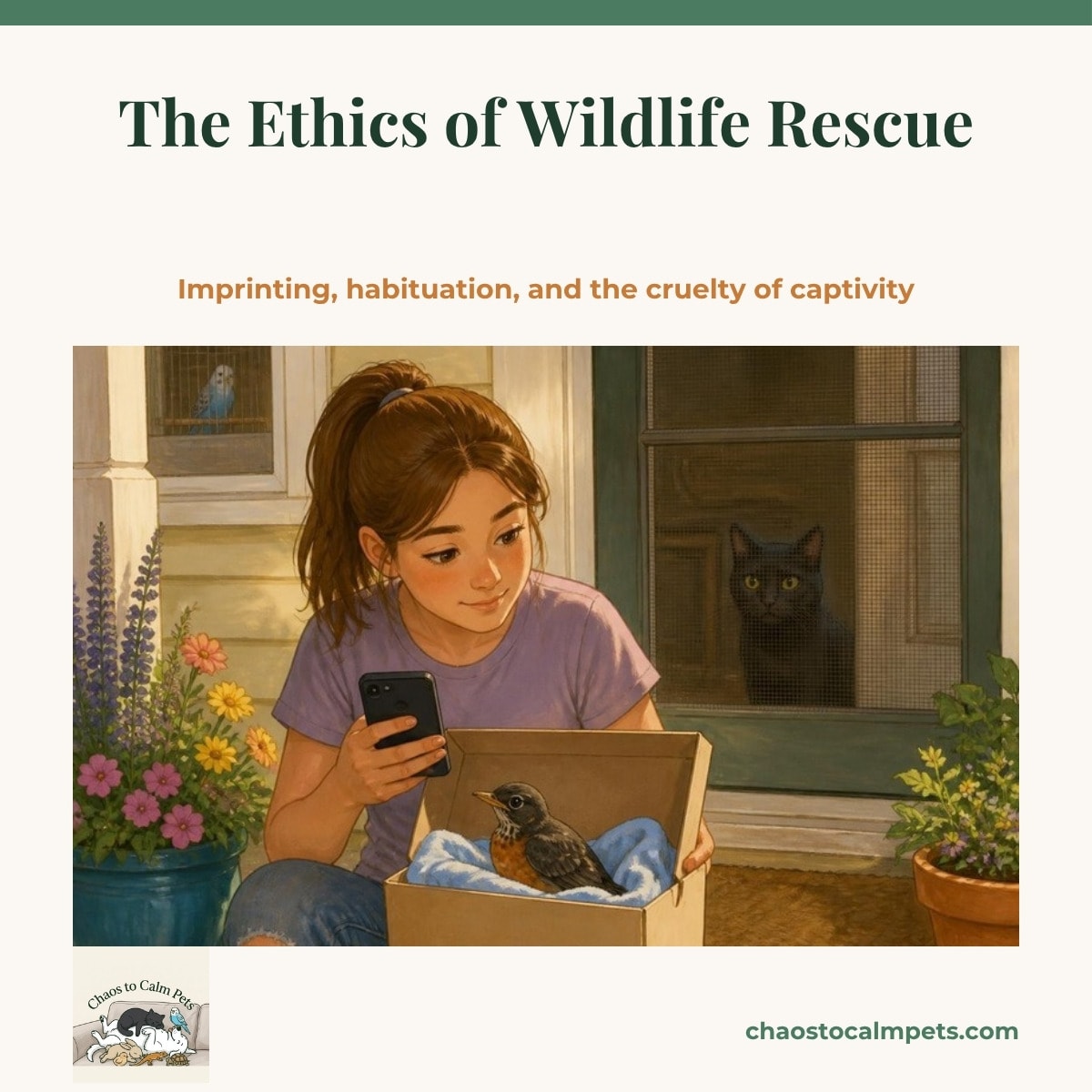 A teenage girl sitting on a porch step holding a shoebox with a fledgling robin inside, looking at her phone to call a rehabber, a black cat watching through the screen door and a blue budgie in a cage just inside the window