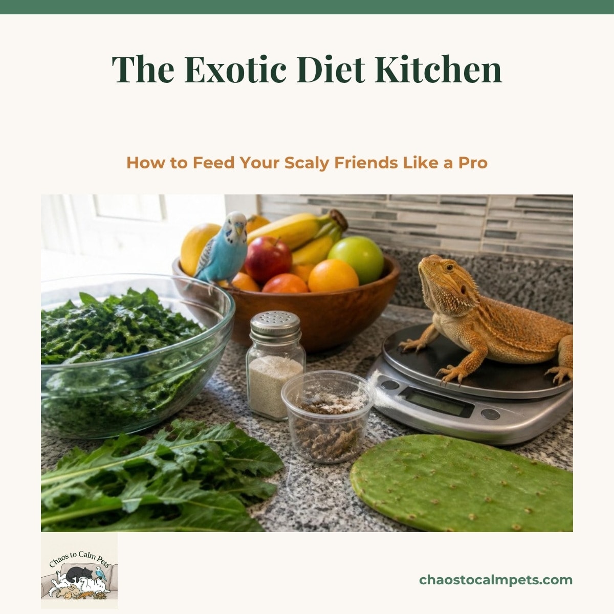 A bright kitchen counter laid out like a prep station: chopped collard greens and dandelion leaves in a glass bowl, a shaker of calcium powder, a deli cup of dusted crickets, a spineless cactus pad, a digital kitchen scale with a bearded dragon sitting on it, and a blue budgie perched on the fruit bowl