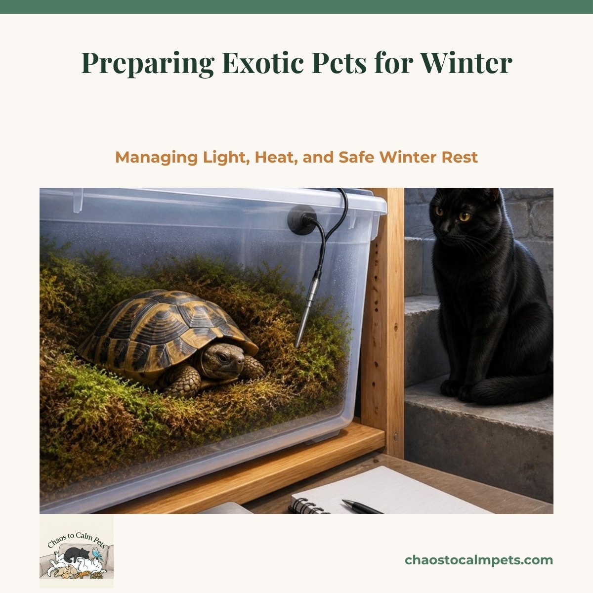 A plastic winter rest tub with damp moss and a digital thermometer probe on a cool basement shelf, a Russian tortoise settled inside, a gram scale and a notebook beside it, and a black cat sitting on the step watching