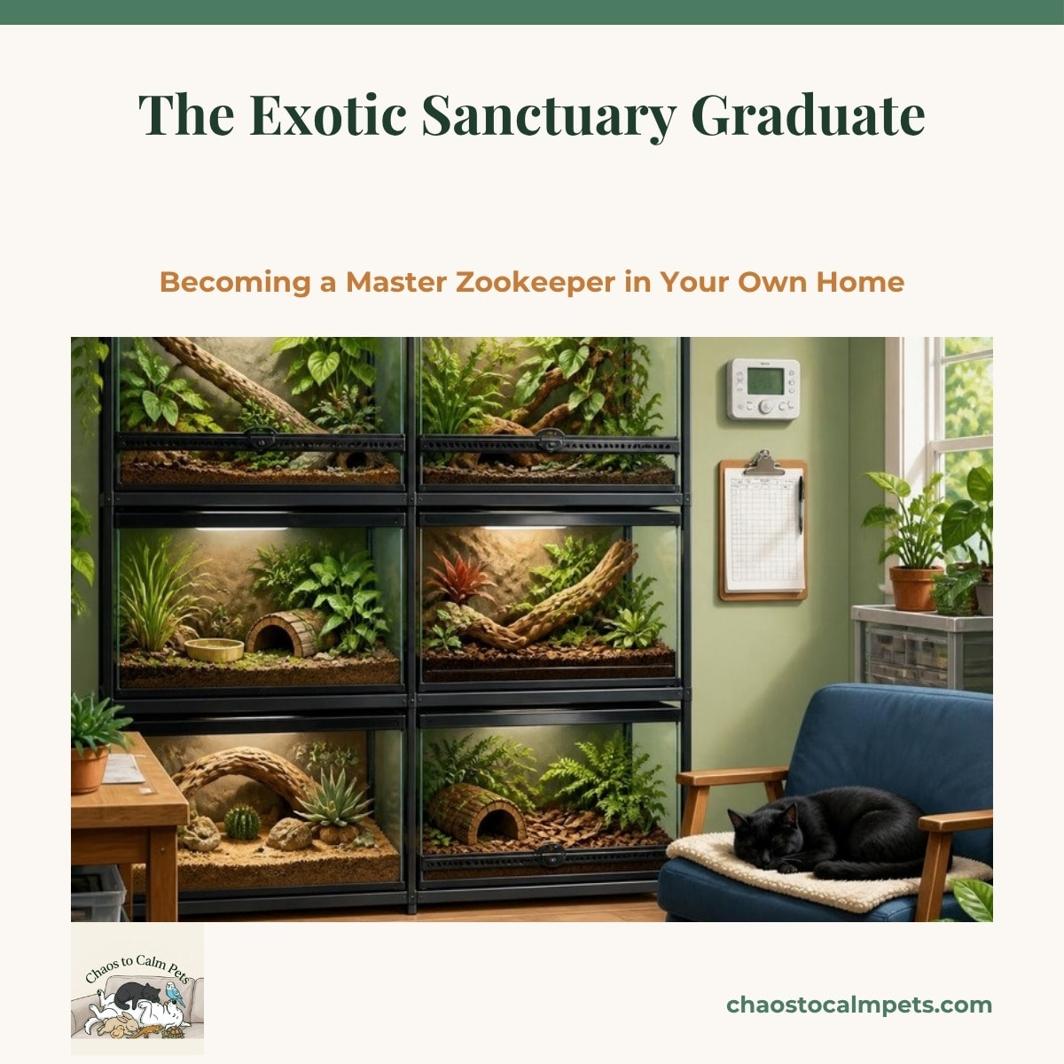 A tidy dedicated animal room with a wall of planted terrariums on metal racks, a thermostat panel and a clipboard of logs on the wall, a tortoise walking the floor, a black cat asleep on a chair, and a blue budgie on top of the top rack