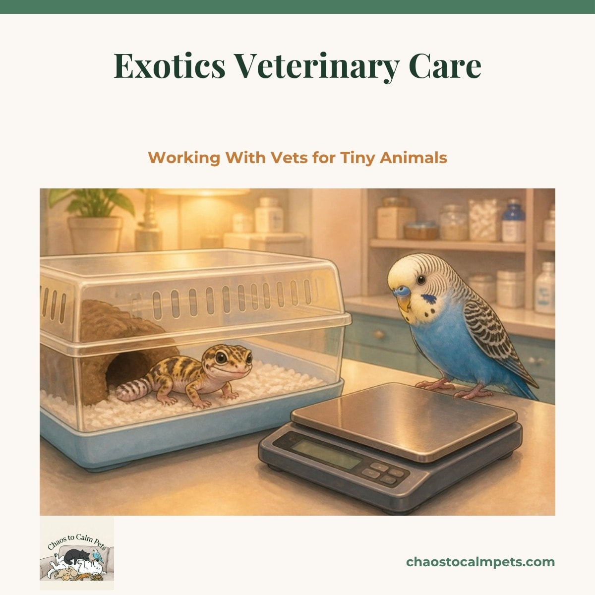 A hatchling leopard gecko in a small carrier box beside a gram scale on a vet-office counter, with Neige the blue budgie watching