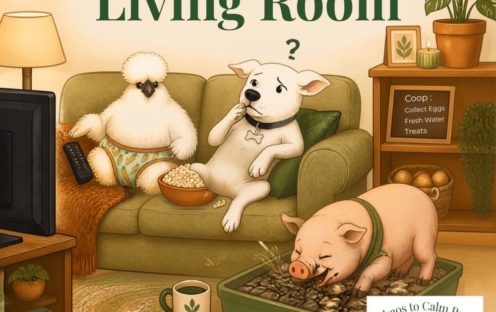 Silkie chicken and calm dog sharing a living room couch