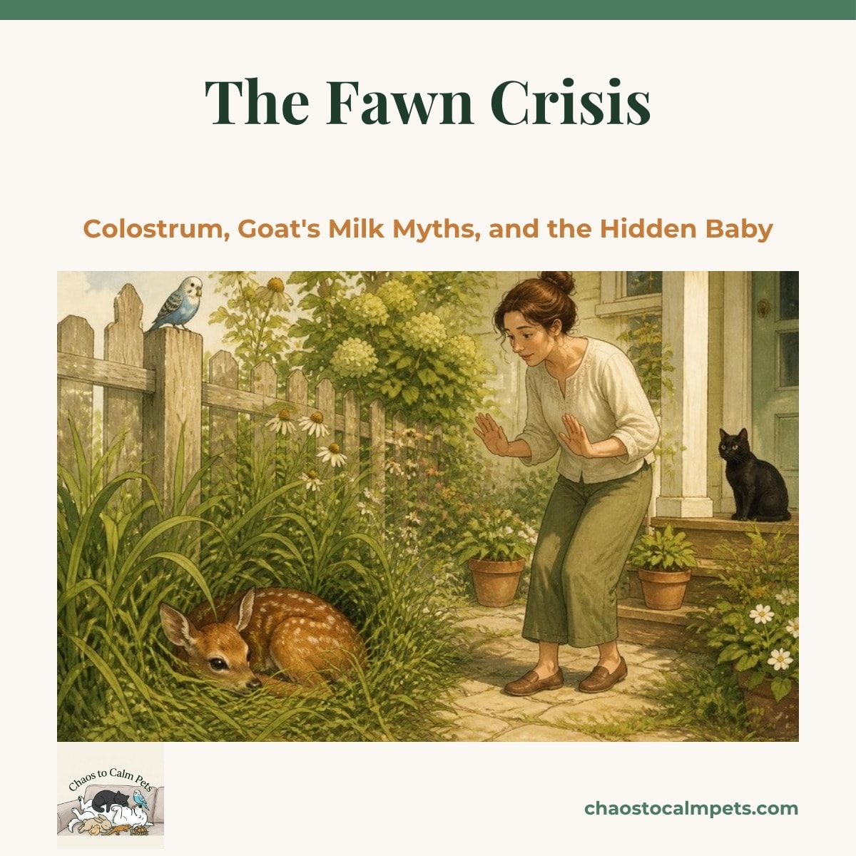 A spotted white-tailed fawn curled motionless in tall grass at a garden edge while a woman backs away with her hands raised, a blue budgie perched on the fence post and a black cat watching from the porch steps
