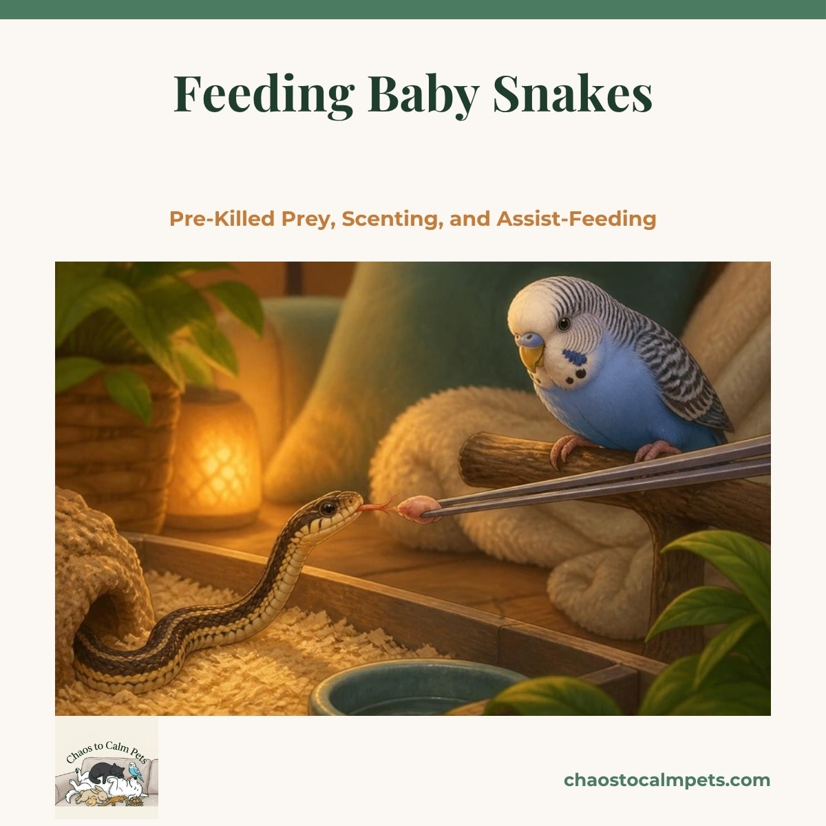 A hatchling garter snake tasting the air near a scented feeding item held with long tongs, with a blue budgie watching from the shelf edge