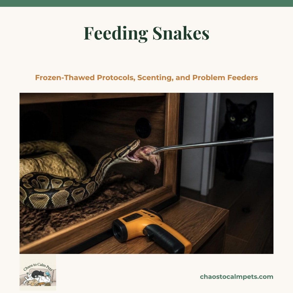 A ball python mid-strike on a warmed thawed prey item held in long stainless feeding tongs inside a dim wooden vivarium, an infrared thermometer on the bench, and a black cat watching from the doorway
