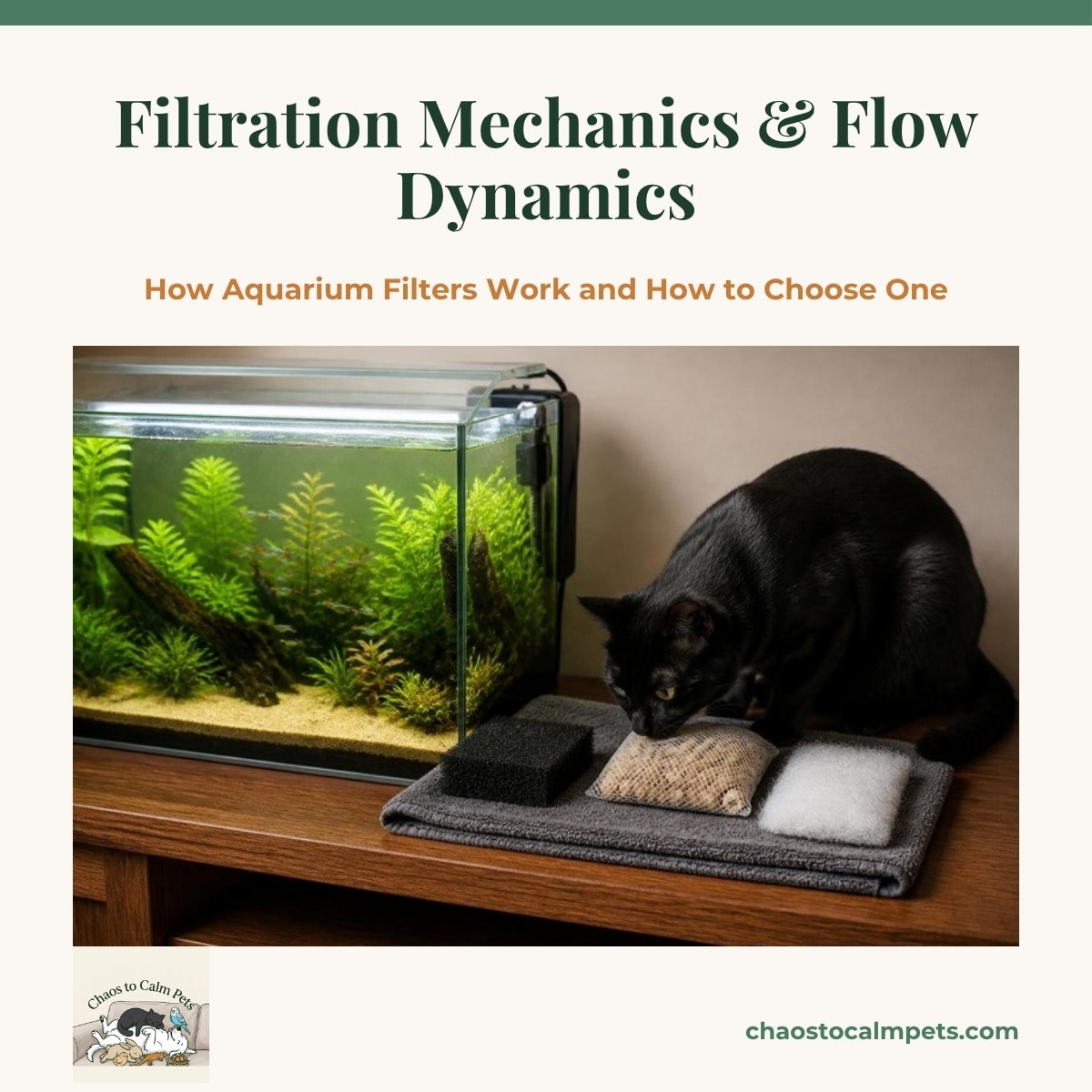 A hang-on-back filter opened on the rim of a planted freshwater tank, showing a coarse sponge, ceramic rings in a mesh bag and white filter floss, with a gentle waterfall rippling the surface above small fish