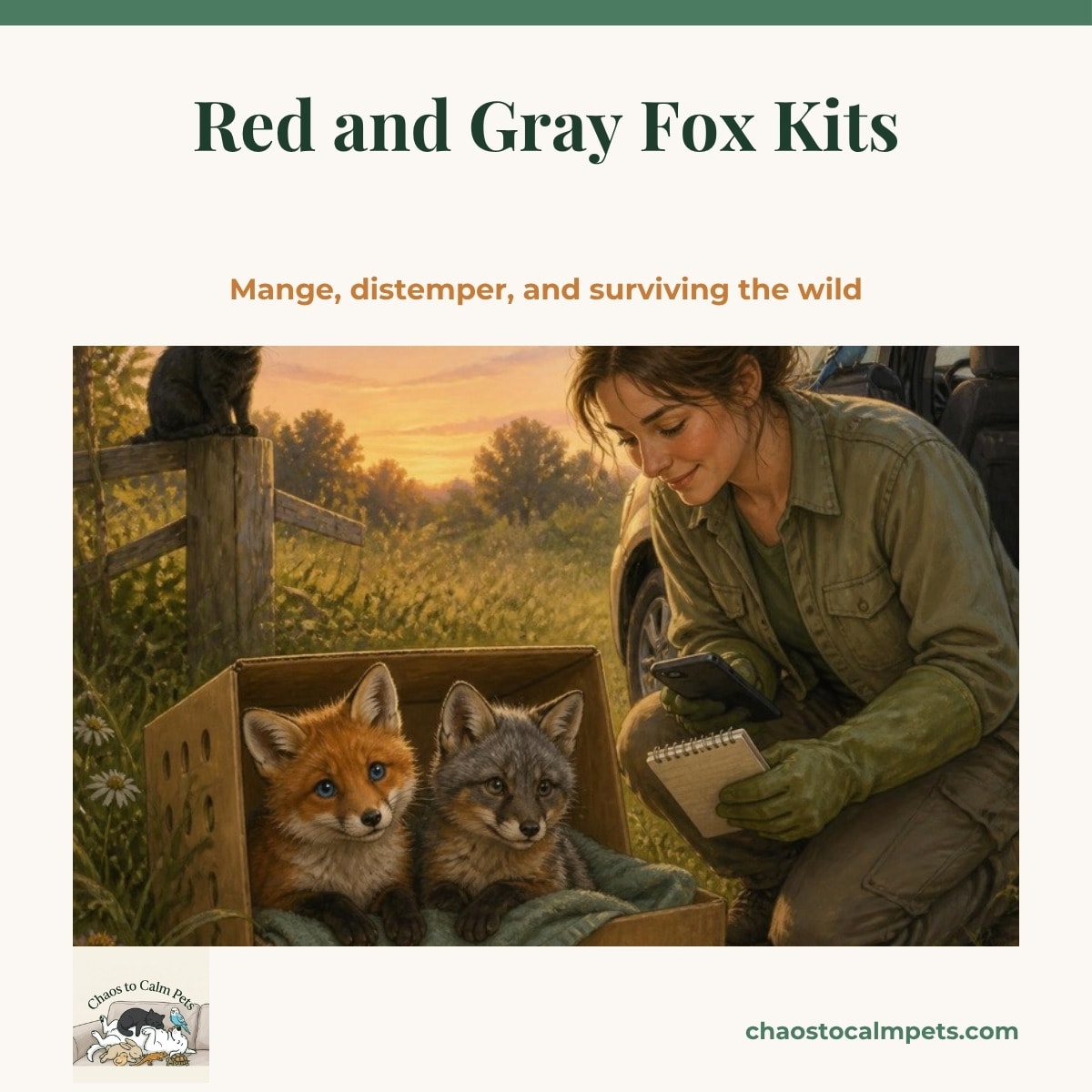 A thin red fox kit with patchy, crusted fur huddled on a doorstep in daylight while a woman in leather gauntlets lowers a long-handled wildlife net, a heavy moving blanket folded beside a dark pet carrier