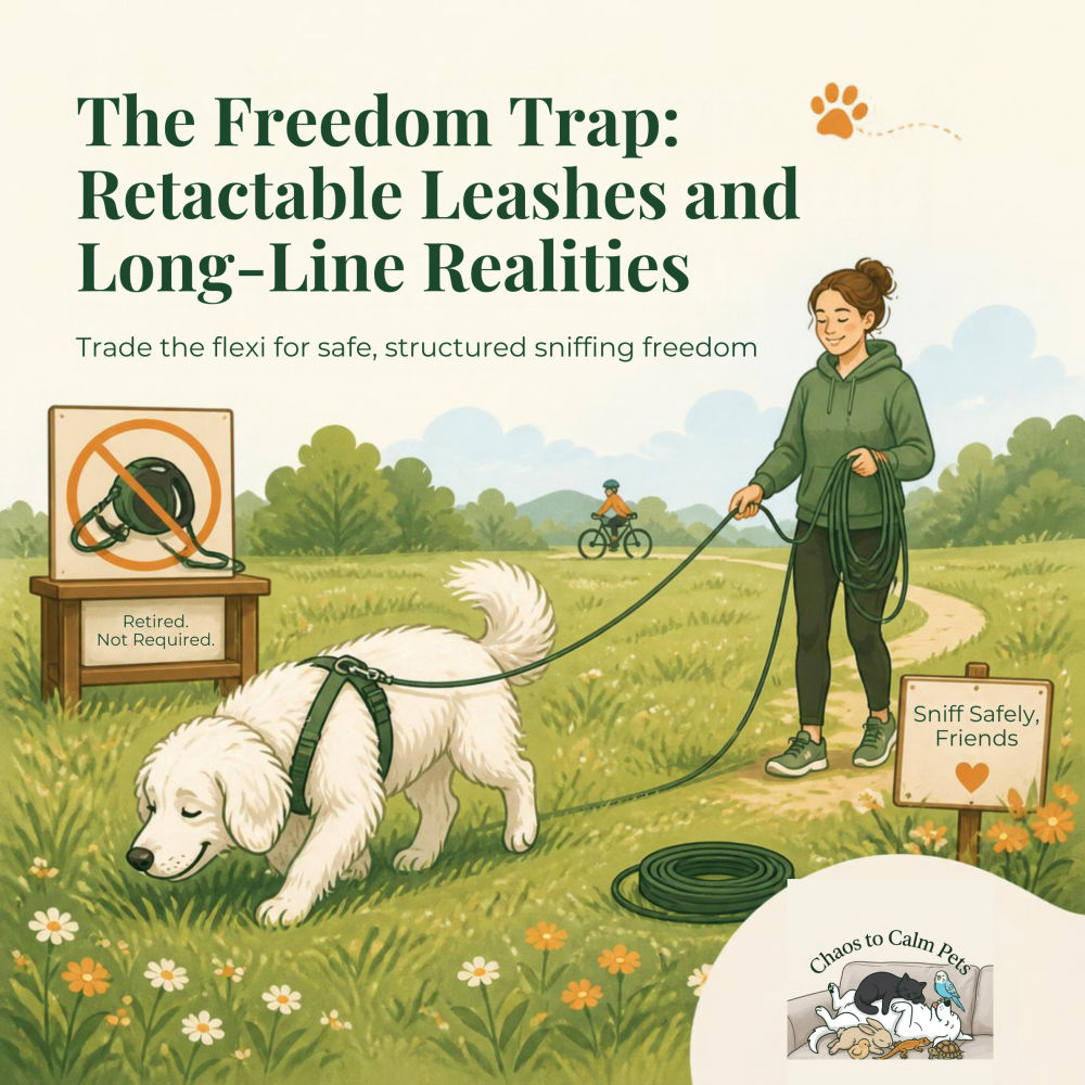 Woman holding biothane long-line while white fluffy dog sniffs meadow freely, retractable leash crossed out