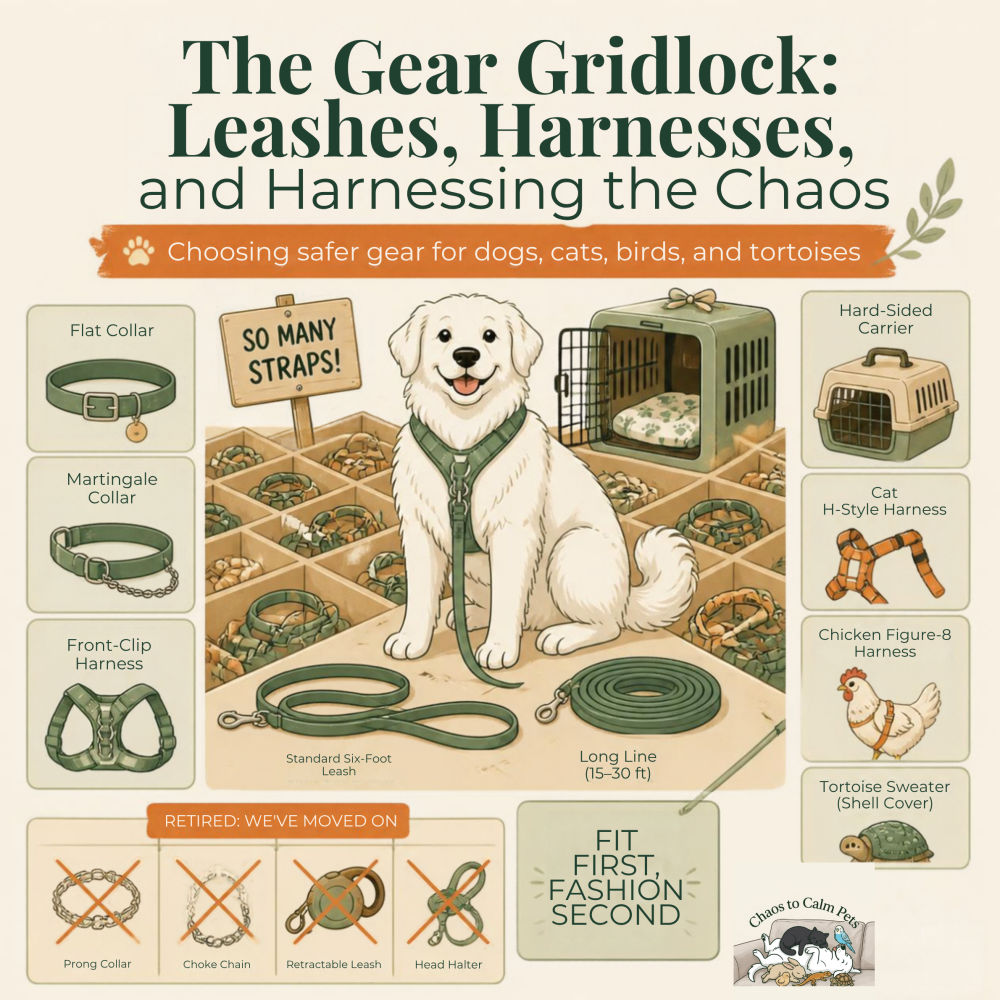 Illustrated infographic showing safe gear choices for dogs, cats, birds, and tortoises including Y-harnesses, standard leashes, and hard-sided carriers, with prong collars and retractable leashes crossed out