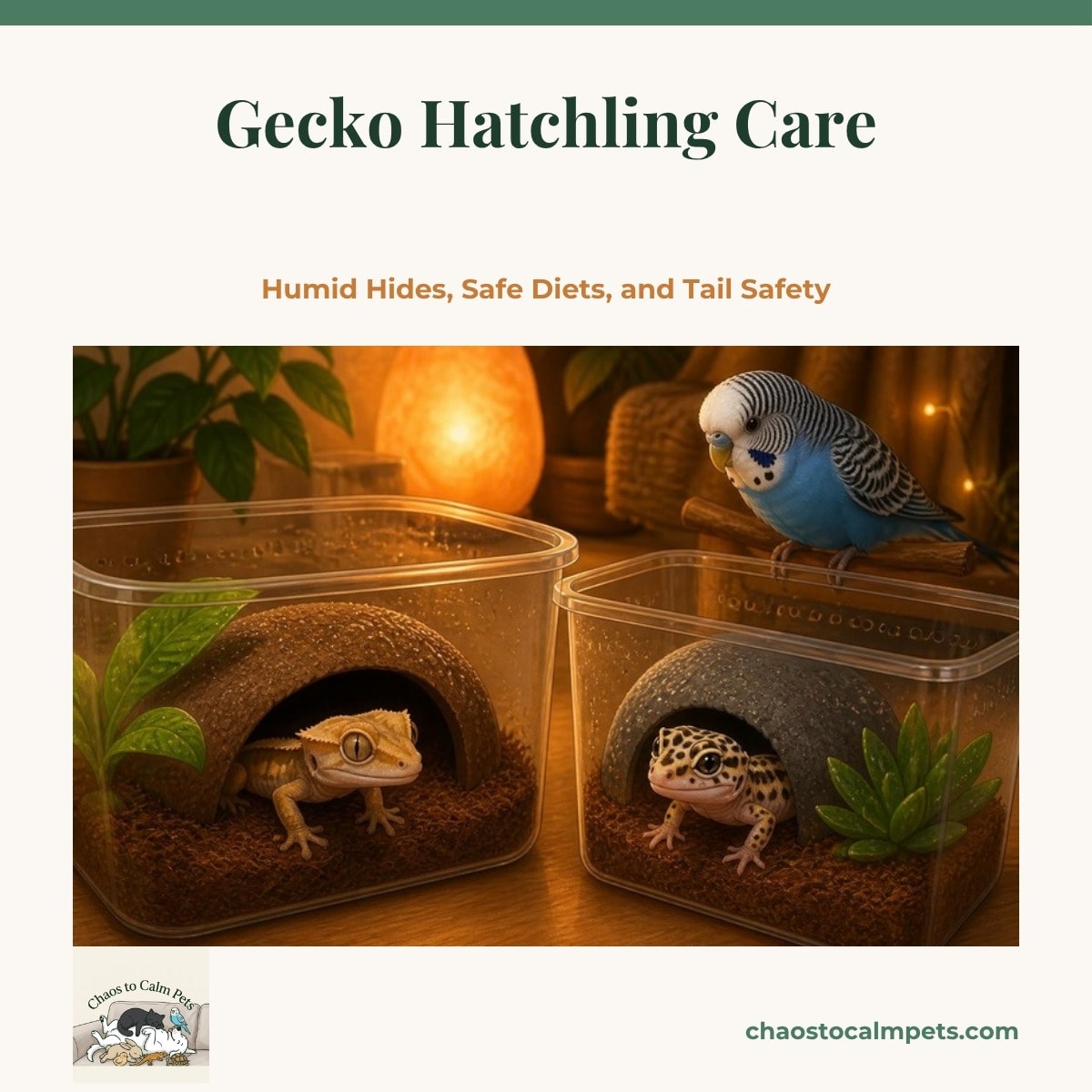 A hatchling crested gecko clinging to a bamboo perch in a vertical nursery bin next to a baby leopard gecko resting on a slate tile, with a blue budgie watching from the shelf edge