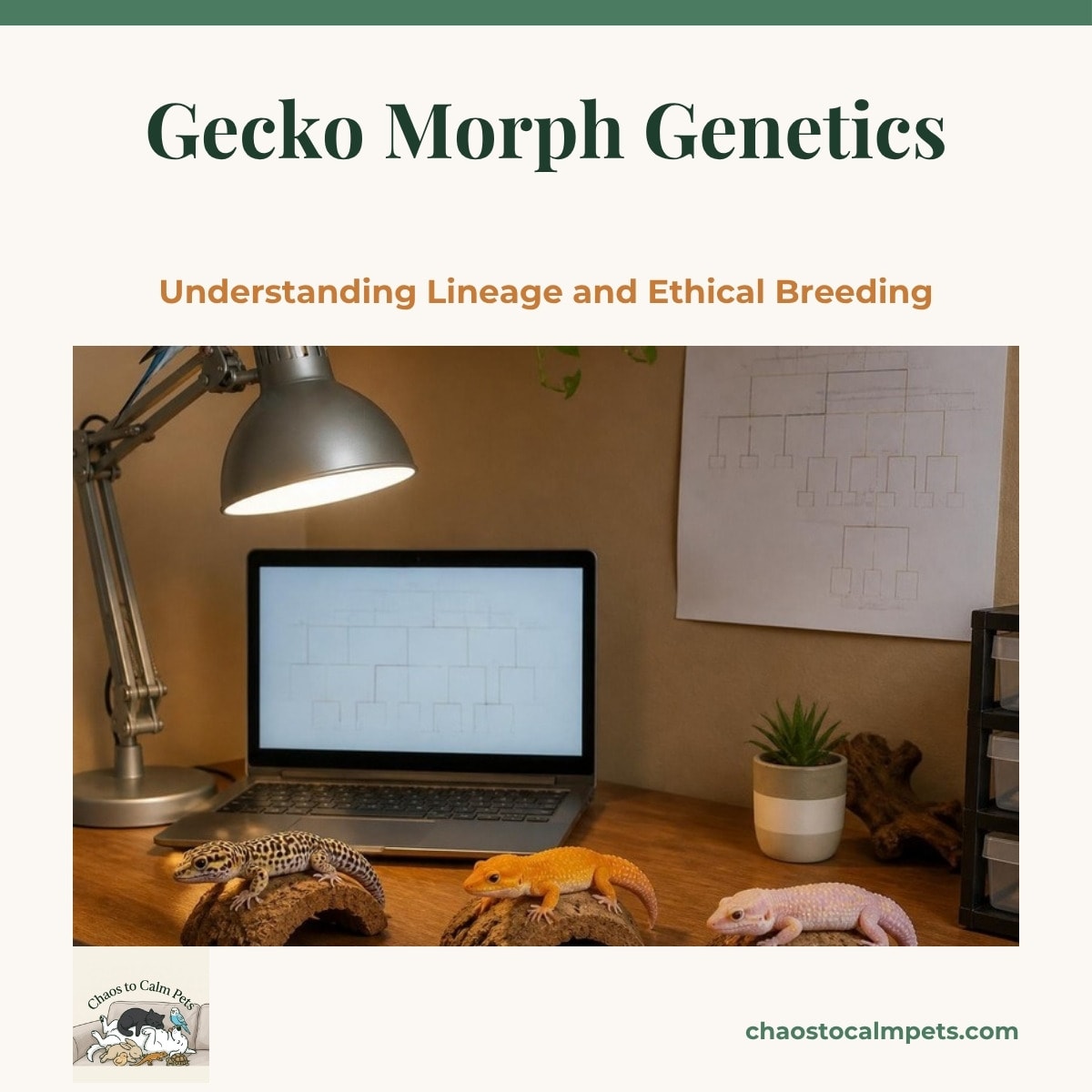 A breeder's desk with three leopard geckos of different morphs on a neutral photo backdrop, a printed pedigree chart, a laptop spreadsheet, and a blue budgie perched on the desk lamp