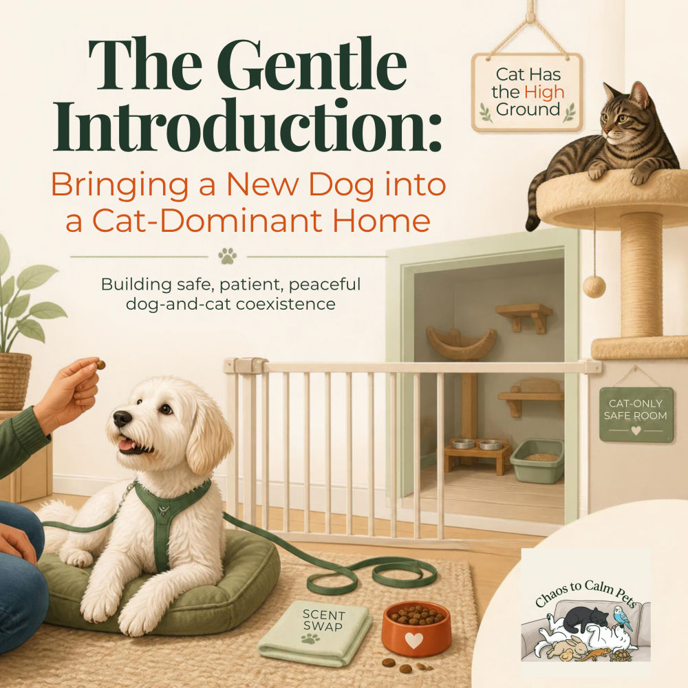 White fluffy dog on leash sitting calmly on a mat near a baby gate while a tabby cat surveys from a cat tree above, with a scent swap cloth and food bowl visible