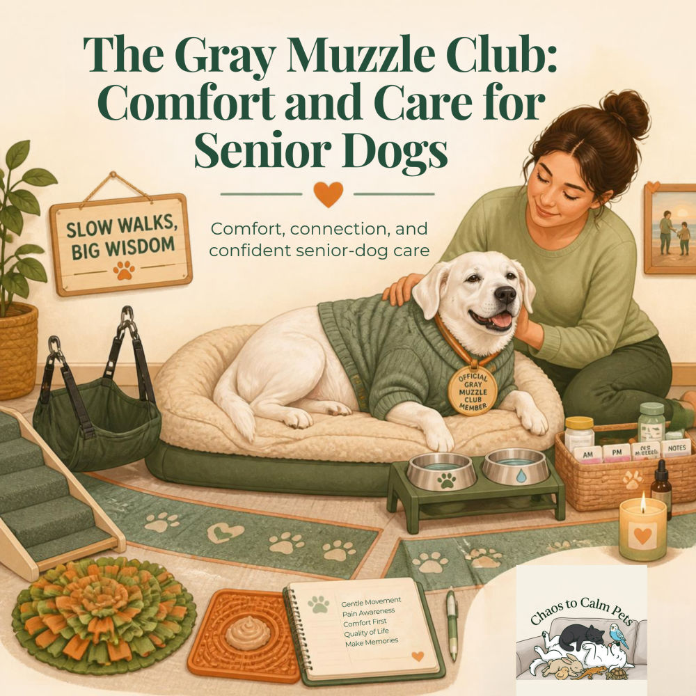 Woman in green sweater gently tending to a white senior Labrador in a knit sweater resting on an orthopedic bed, surrounded by ramps, non-slip rugs, raised bowls, and a medication organizer