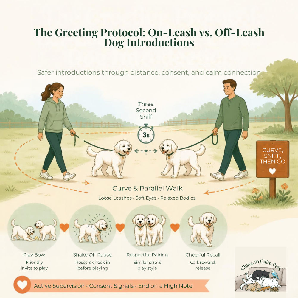 Illustrated infographic showing two handlers using curved approaches and parallel walking for safe on-leash dog greetings, with the three-second sniff rule and curve-sniff-then-go sign