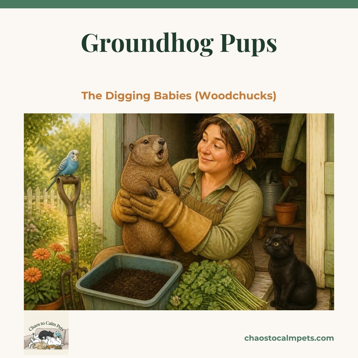 A chunky brown groundhog pup held in thick leather welding gauntlets, mid-whistle, beside a tote of topsoil and a bundle of clover, a blue budgie perched on a garden fork and a black cat watching from the shed doorway