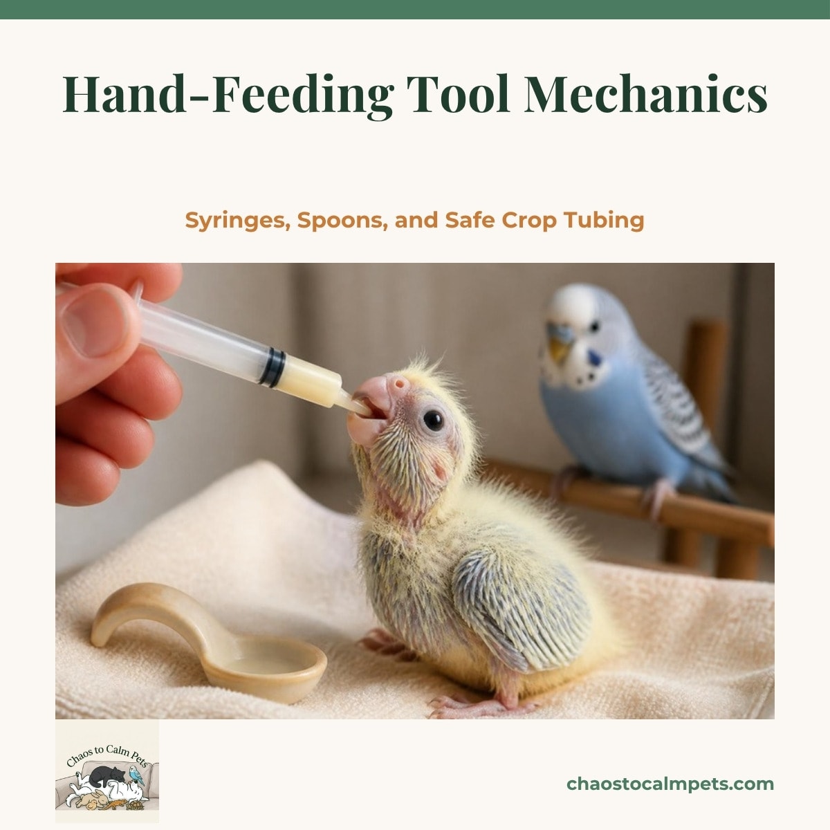 A small gray cockatiel chick stretching its neck upward toward a 3 milliliter syringe held just inside the left corner of its beak, on a folded towel beside a curved feeding spoon, with a blue budgie watching from a perch in the background