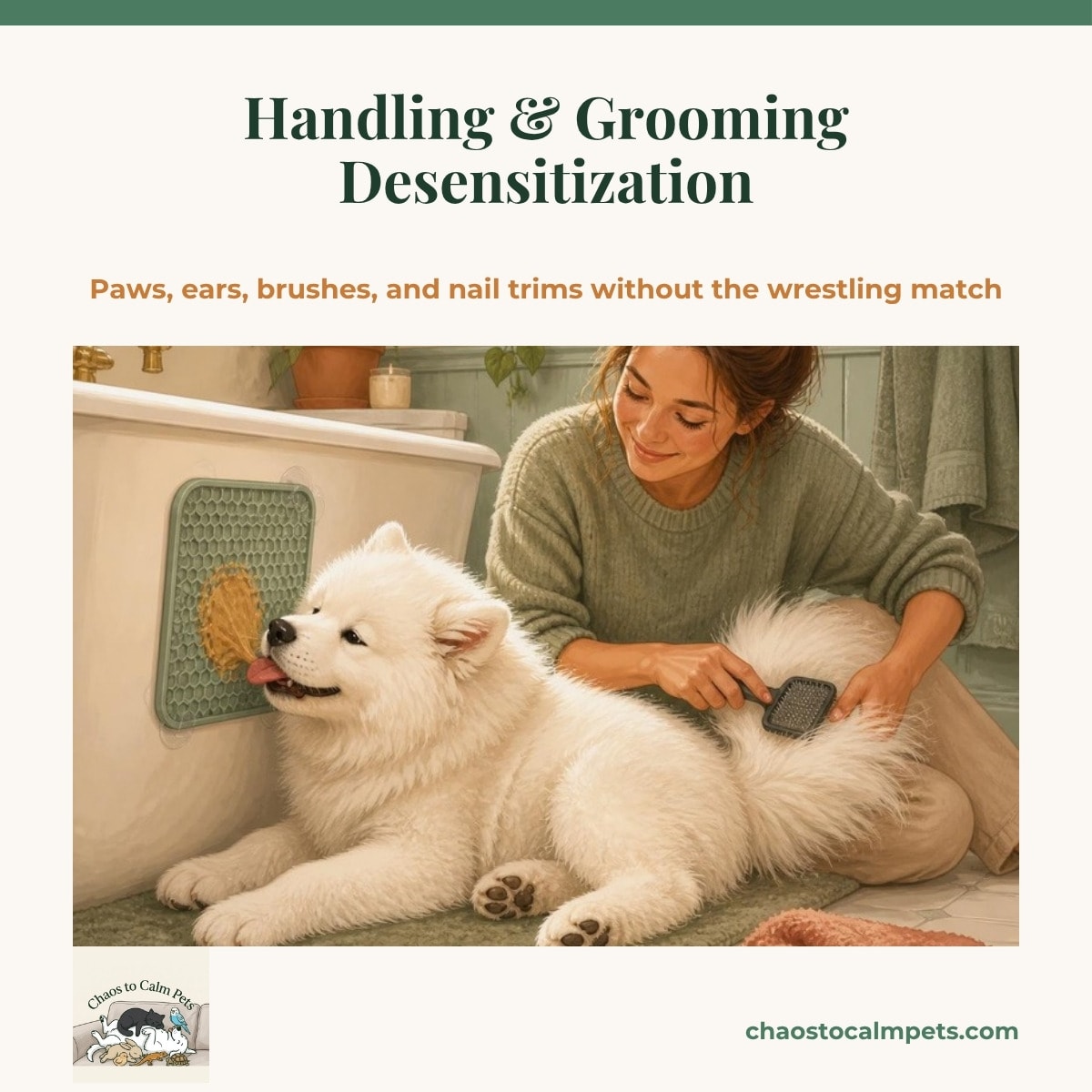 A fluffy apricot Cavapoo puppy resting its chin voluntarily in a woman's open palm on the kitchen counter while her other hand gently lifts one ear flap, a lick mat stuck to the cabinet beside them
