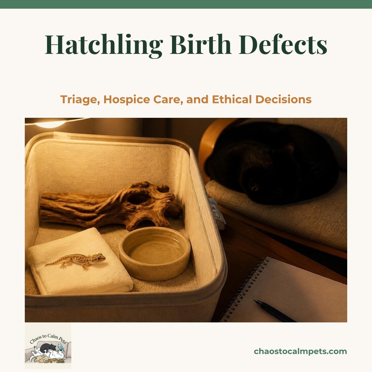 A quiet nursery bench with a single soft-floored hospice shoebox lit by a dim lamp, a tiny gecko hatchling resting on folded gauze beside a shallow weighted water dish, a notebook and pen, and a black cat curled asleep on the chair nearby