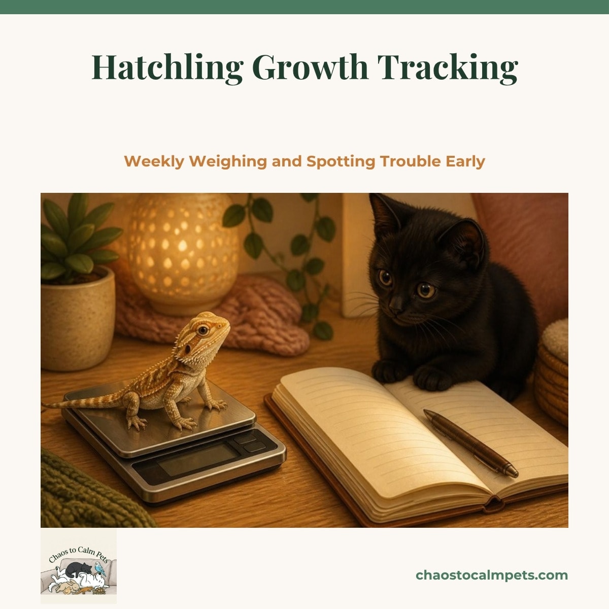 A hatchling gecko resting in a tared cup on a small digital scale beside a growth notebook, with a blue budgie watching from the shelf edge