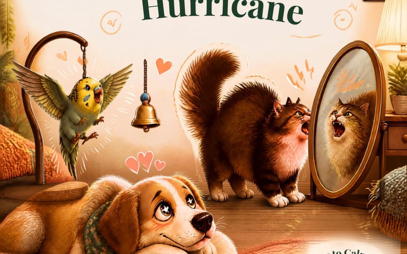 Multi-species pets during spring — bird, reptile, and dog in a calm home