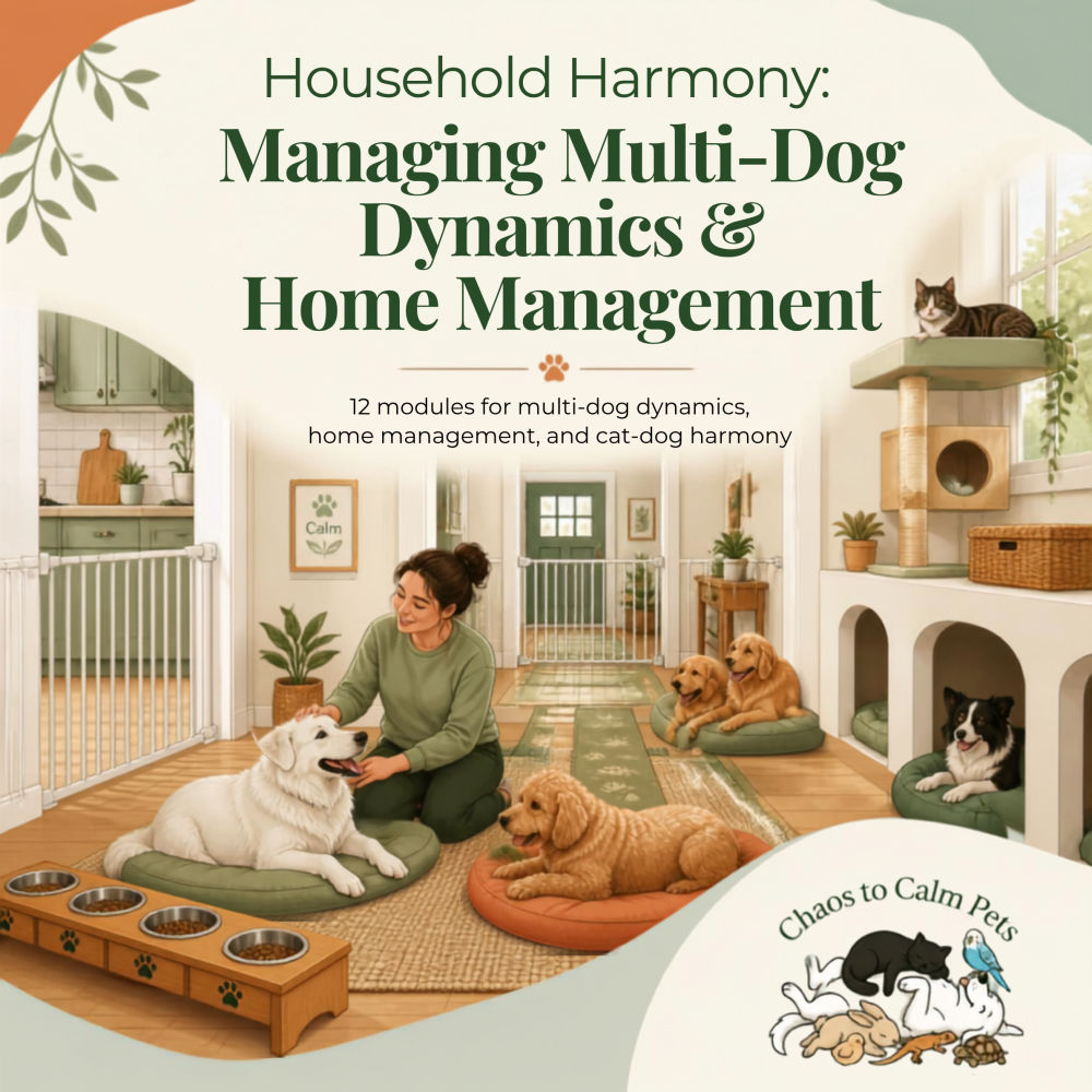 Woman calmly managing multiple dogs in a well-organized home with baby gates