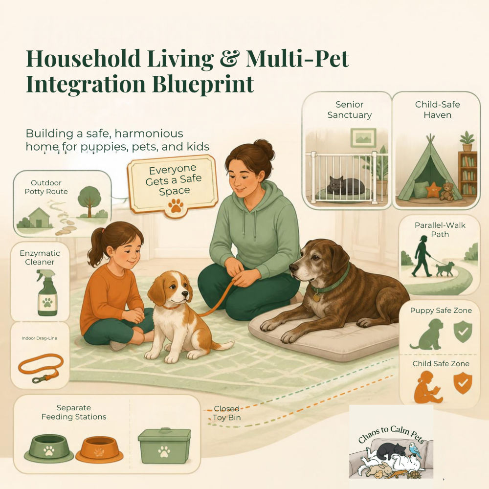 Illustrated blueprint showing a woman, child, puppy, and senior dog on a rug with labelled zones: outdoor potty route, enzymatic cleaner, indoor drag-line, separate feeding stations, closed toy bin, senior sanctuary, child-safe haven, parallel-walk path, puppy safe zone, and child safe zone