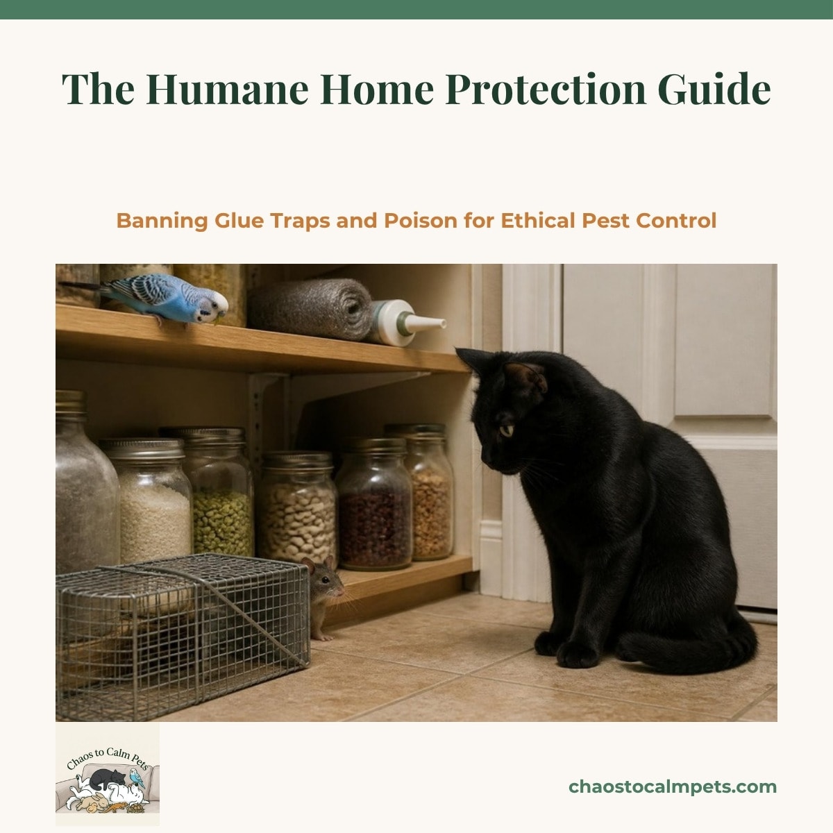A tidy garage shelf with a roll of hardware cloth, a pad of steel wool, a sealed metal seed bin and a bottle of peppermint oil, a blue budgie perched on the shelf edge and a black cat sitting on the garage step