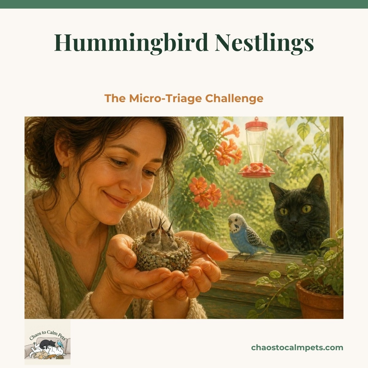 Woman's cupped hands holding a tiny lichen-covered hummingbird nest with two nestlings, blue budgie on the windowsill and a black cat watching through the glass