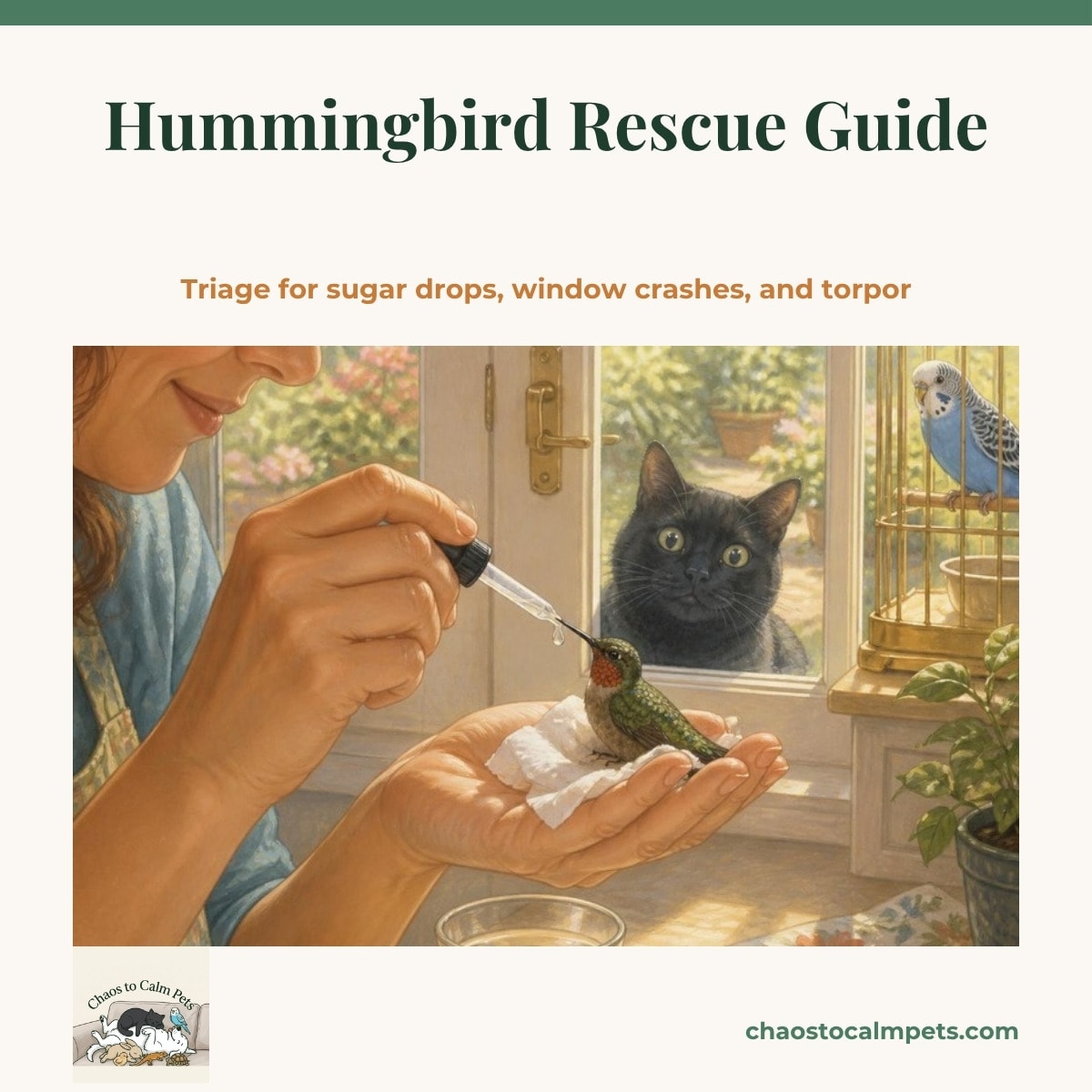 A tiny ruby-throated hummingbird resting on a folded tissue in a woman's cupped palm beside a dropper and a small cup of clear sugar water, a sunny kitchen window behind, a black cat shut out behind a glass door and a blue budgie watching from a cage