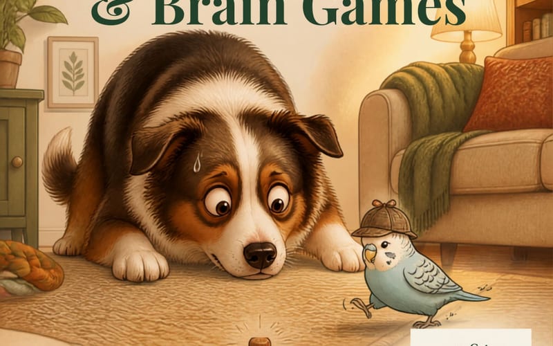 Dog engaged with a puzzle enrichment feeder toy on the floor