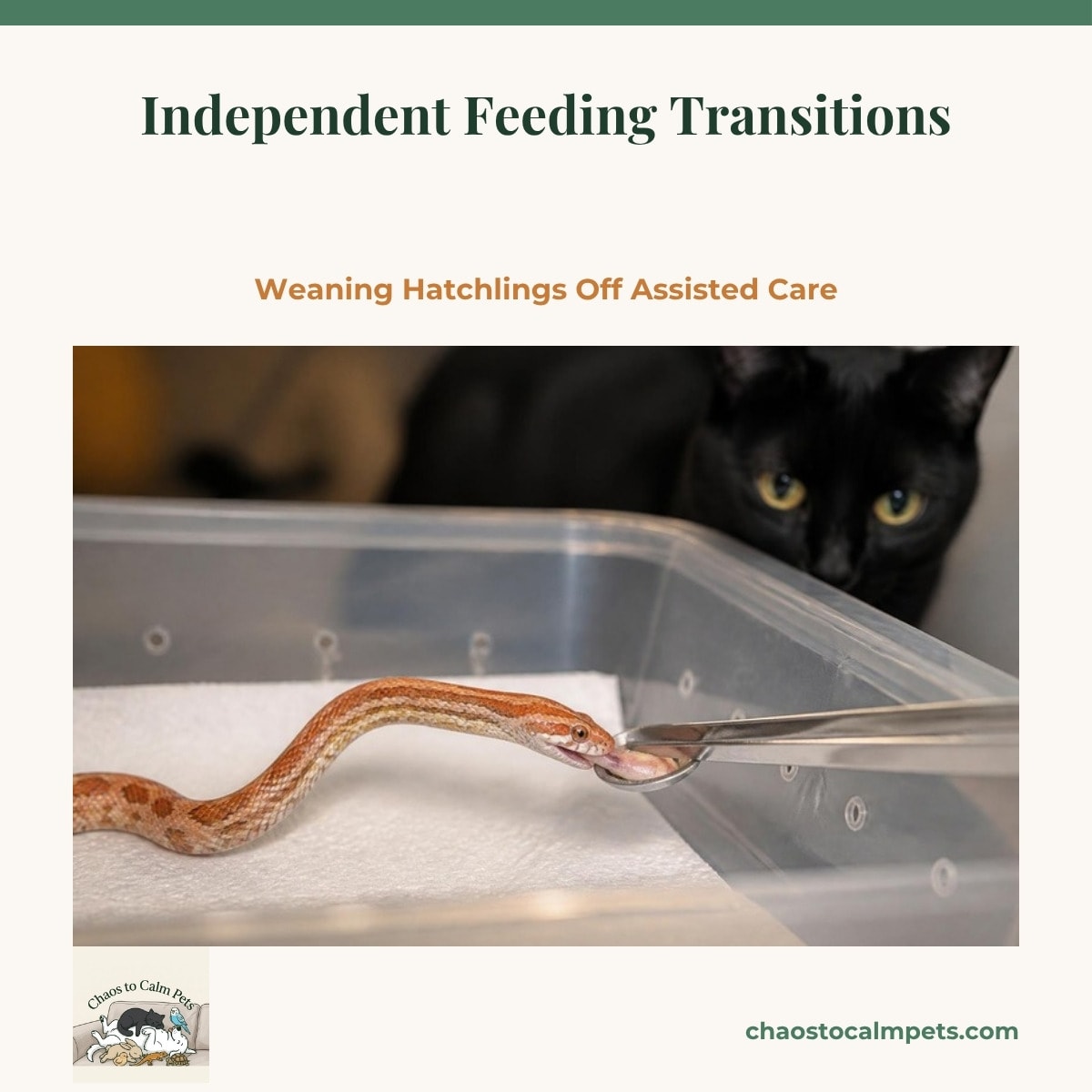 A juvenile corn snake eating from a shallow dish held by long tongs beside a paper-towel nursery tub, with Shadow the black cat watching