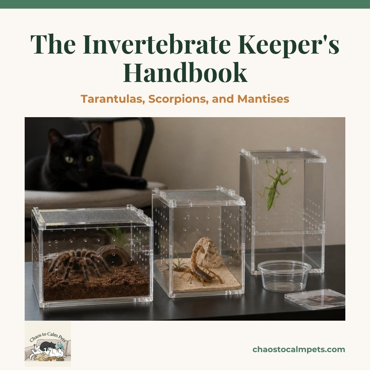 A row of three small acrylic enclosures on a shelf: a chunky terrestrial tarantula in a low wide one, a desert scorpion on packed sand, and a green praying mantis hanging from a mesh ceiling, with a clear catch cup and card beside them and a black cat watching from the chair