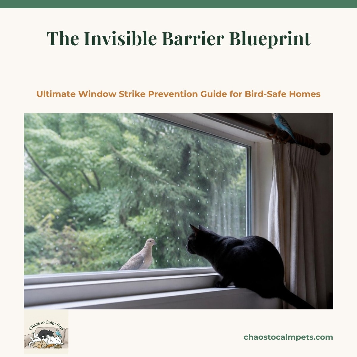 A large picture window seen from the garden with neat rows of small white dots and a swaying paracord curtain across the glass, a bird feeder mounted close to the pane, a blue budgie on the feeder and a black cat watching from inside the window