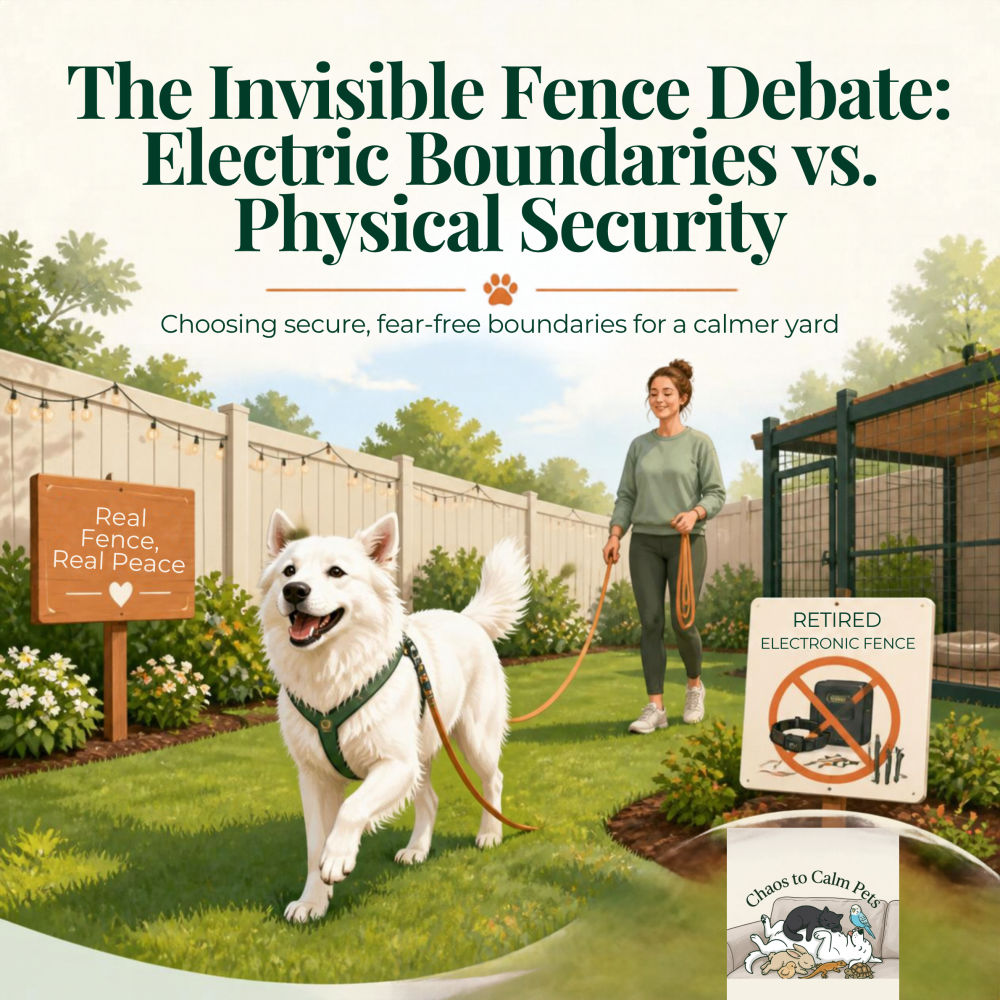 Woman walking a happy white dog on a long-line in a secure fenced backyard, with a retired electronic fence collar sign and a "Real Fence, Real Peace" marker nearby