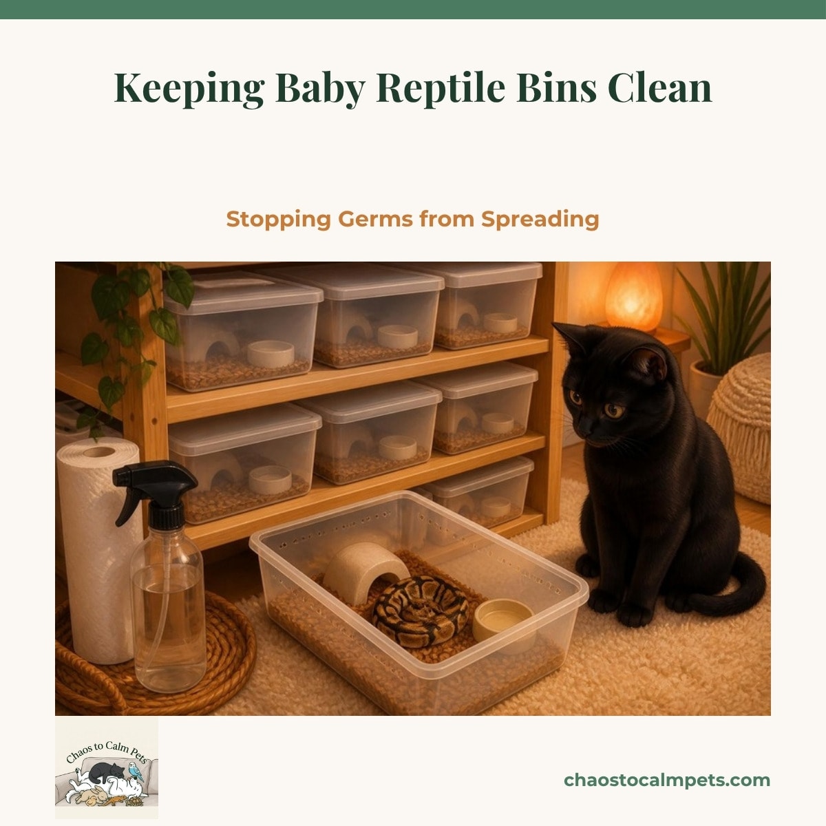 A tidy nursery shelf of labeled hatchling bins with color-coded tongs and a handwashing station, with a blue budgie watching from the shelf edge