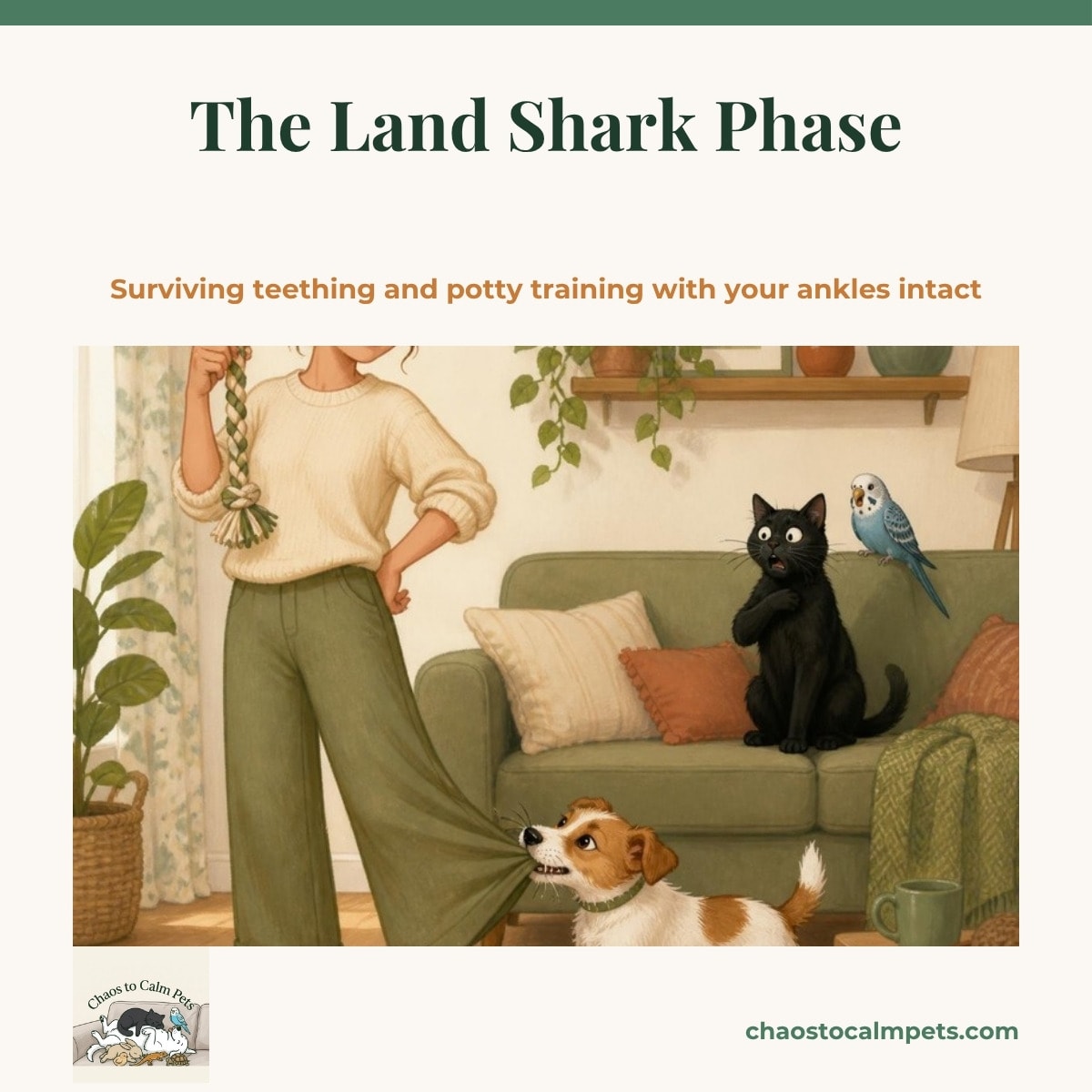 A wriggly brindle boxer puppy mid-zoomie across a living room rug while a sleek black cat watches from the top of a bookshelf and a small blue budgie peers down from its cage, a woman holding a timer and a mug of coffee