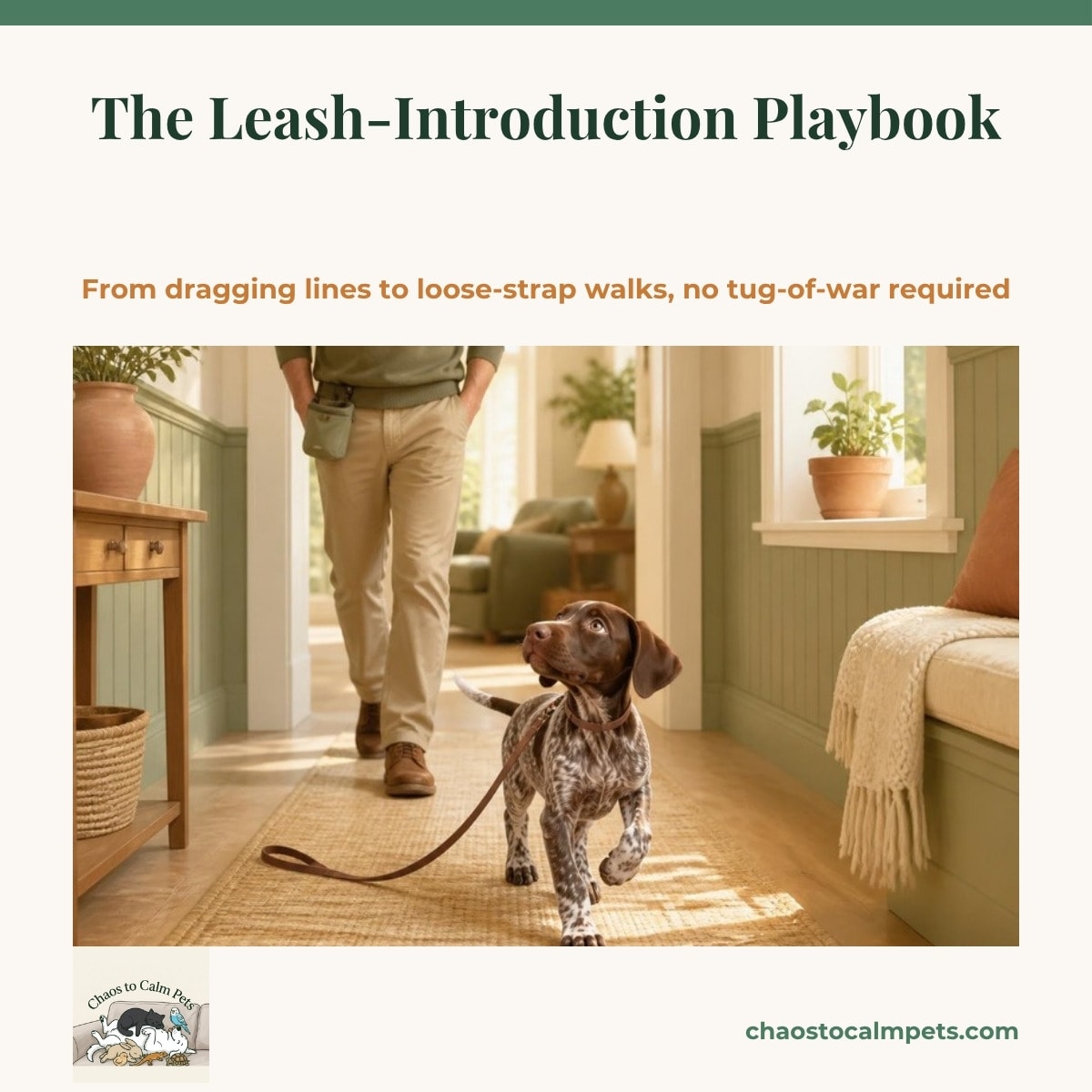 A small red dachshund puppy trotting across a living room rug with a thin leash trailing behind it like a tail, a woman jogging backwards ahead of it holding out a treat, a lightweight harness on the sofa arm