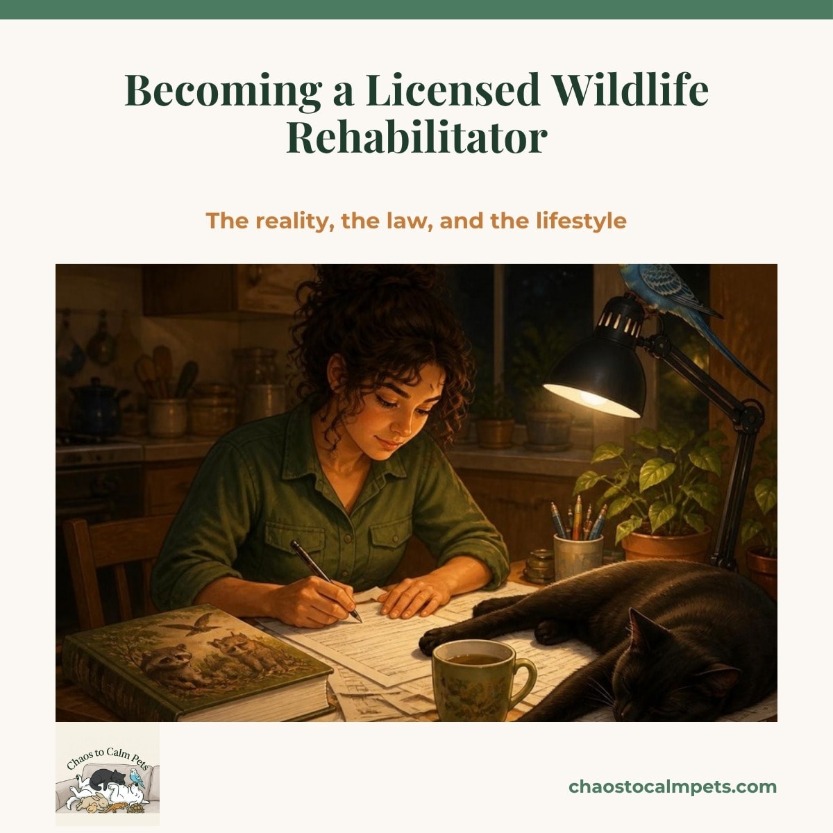 A woman in a green work shirt studying at a kitchen table covered in permit forms and a wildlife rehabilitation textbook, a towel-lined carrier on the floor beside her, a black cat asleep on the paperwork and a blue budgie perched on the lamp