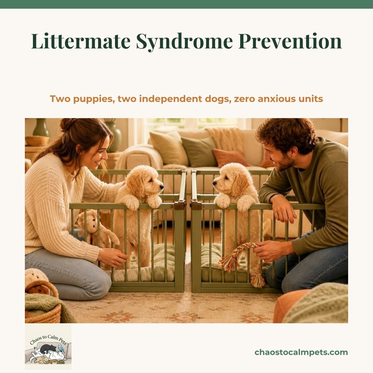 Two cream golden-doodle puppies in two separate wire crates in two different rooms seen through a doorway, one woman kneeling with one puppy on a leash while the other naps alone