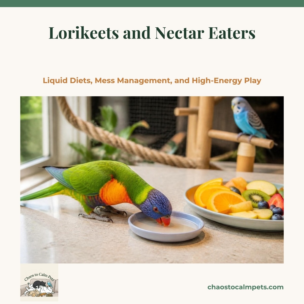 A rainbow lorikeet with a blue head and orange chest lapping nectar from a stainless steel dish inside a cage ringed with clear acrylic splash guards, a fresh hibiscus flower tucked into the bars and a shallow ceramic bath on a tiled floor